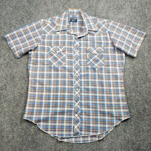 Vintage Wrangler Western Shirt Mens XL Blue Plaid Pearl Snap Short Sleeve 80s